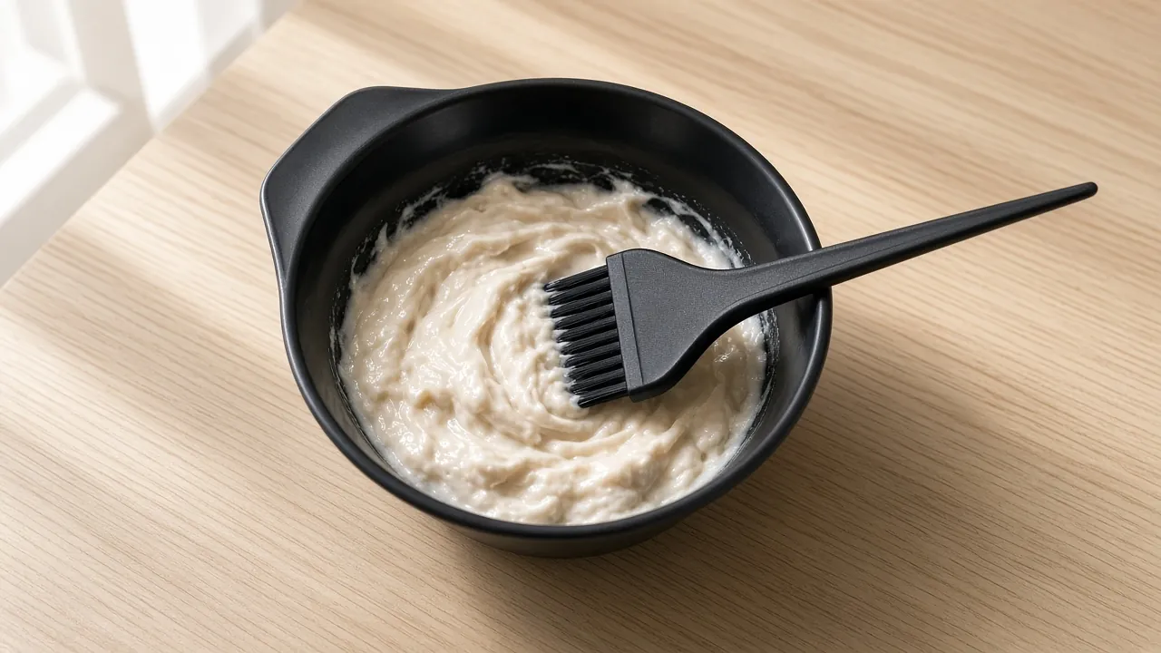 A black tint bowl of cream color mix with a black brush resting in it, on pale wood